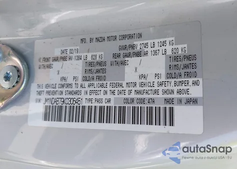 2019 Mazda Mx-5 Miata Sport from USA, damaged, VIN JM1NDAB79K0306451